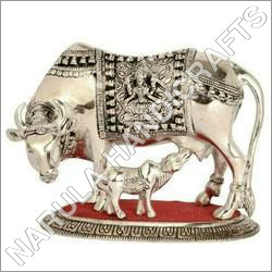 White Metal Kamdhenu Cow Calf Statue