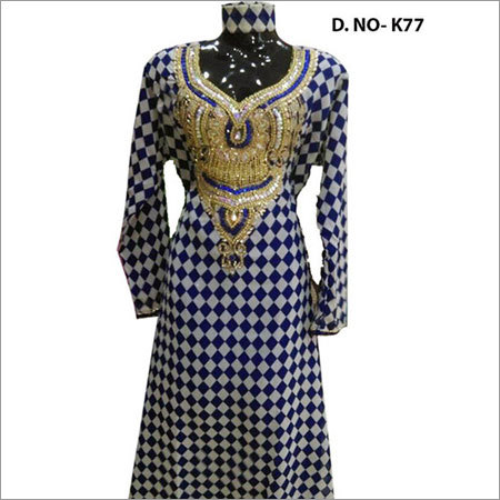 Printed Kaftan - Soft Fabric, Various Sizes, Blue, Gold Embroidery | Stylish Design, Durable Fabric, Checkered Pattern, Loose Fit, Machine Washable