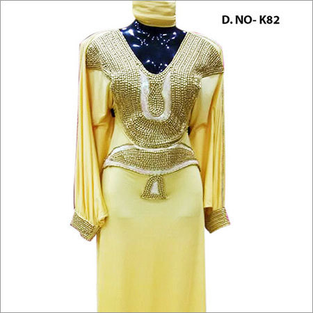 Lycra Kaftan - Full Length Pale Yellow, Long Sleeve | Embellished Embroidery, Elegant Design, Comfortable Fit