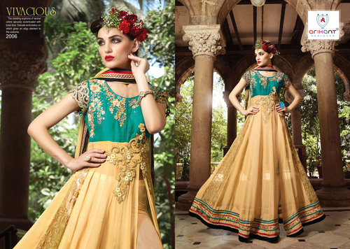 Eid Special Creamy Pure Net Anarkali Suit - Net Santoon Fabric, Creamy Color, Heavy Embroidered Net Dupatta, Semi-Stitched, Elegant Design