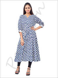 Block Printed Kurtis - Cotton Long Dress, Blue & White Zigzag Design | Colorful Prints, Comfortable Cotton, Customizable Sizes, Stylish Design, Neat Stitching