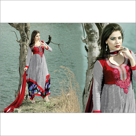 Grey Faux Georgette Double Layered Abaya Style Churidar Kameez