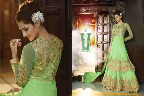Sea Green Georgette Embroidered Double Jul Anarkali Suit - Georgette, Semi Stitched, Sea Green, Full Sleeves, Lace Border, Floor Length, Round Neck