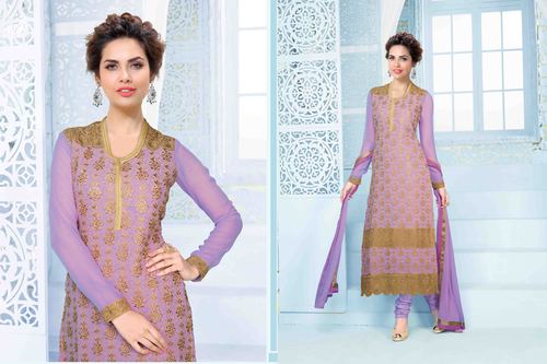 Esha Gupta Embroidered Purple Georgette Salwar Kameez - Georgette Fabric, Purple, Semi Stitched, Straight Suit, Full Sleeves, Chiffon Dupatta, Elegant Embroidery