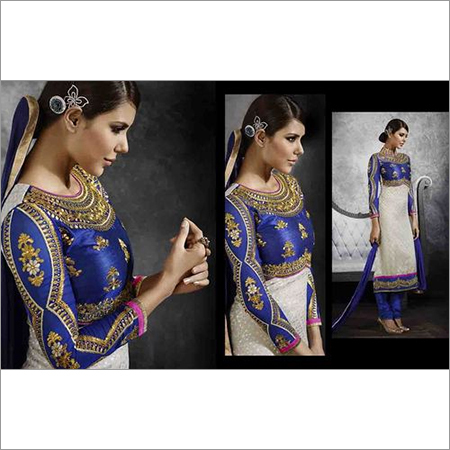 Full Embroidered Neck whity blue  Brasso Straight Salwar Kameez