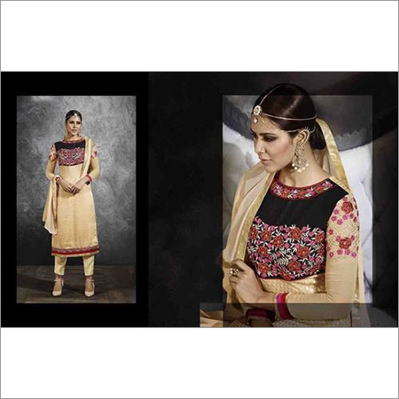 Full Embroidered Neck Cream Brasso Straight Salwar Kameez