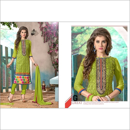 Designer Parrot Green Chanderi Cotton Salwar Kameez