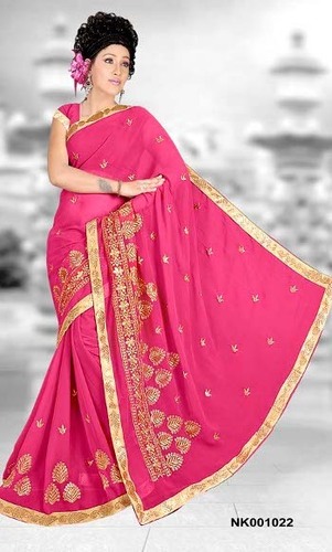 Embroidery Fancy Saree - Silk, 5.5m x 1.2m, Pink | Beads & Yarn Embroidery, Elegant Traditional Style
