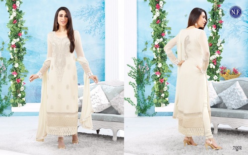 Embroidered Party Wear Salwar Kameez - Net Fabric, 54 Inch Length, Off-White | Floral Embroidery, Elegant Design, Comfortable Fit