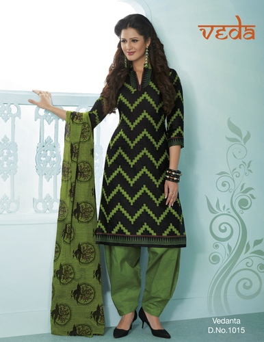 Vedanth Cotton Dress Material - Cotton, Black, Dress Length | Elegant Zigzag Pattern, Soft, Unstitched Salwar Suit