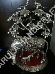 White Metal Big Tree with Kamdhenu Cow - White Metal, 15-20 cm, Silver | Intricate Design, Polished Finish, Decorative Cow Motif