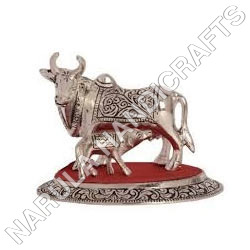White Metal Kamdhenu Cow Calf Statues