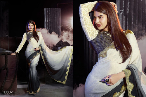 Surreal Jacqueline Fernandez Off White Jacquard Georgette Sarees