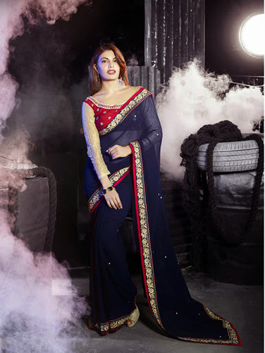 Surreal Jacqueline Fernandez Blue Georgette Saree - 6.3m, Blue, Georgette | Resham, Patch Border, Diamond, Embroidery Work, Customizable Blouse 34-46 Inches