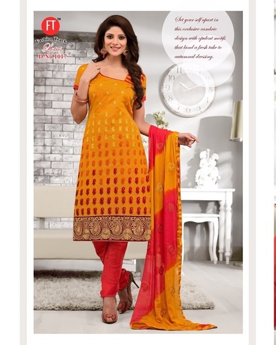 Orange Embroidered Low Range Designer Chanderi Suit - Chanderi Cotton, Unstitched, Orange with Red Bottom, Red and Orange Lace Border Dupatta | Elegant Design, Comfortable Fabric, Stylish Embroidery, Versatile Style