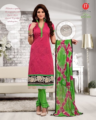 Pink Parrot Low Range Chanderi Suit - Chanderi Fabric, Pink Color, Unstitched | Straight Style, Parrot Print, Lace Border Dupatta