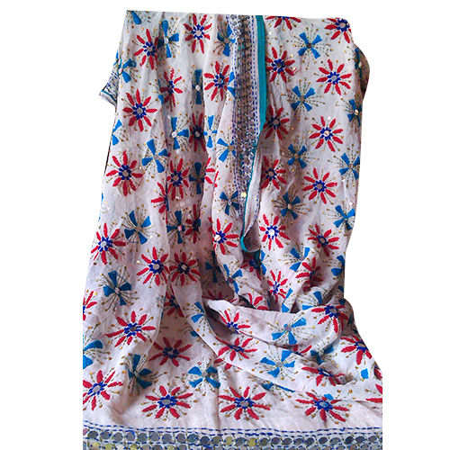 Phulkaari Dupatta - Georgette 2.5x1m White, Hand Embroidered Floral Design