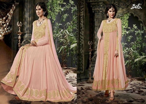 Shiny Peachy Silk Embroidered Anarkali Suit - Georgette Fabric, Chiffon Lace Dupatta, Semi-Stitched, Elegant Design