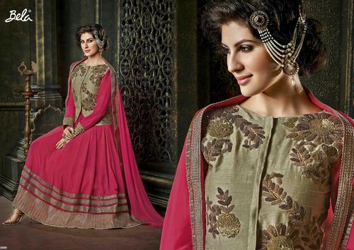 Shiny Pink Anarkali Suit&Beige Embroidered jaket