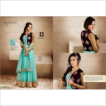 नेट मखमली एक्वा अनारकली सूट