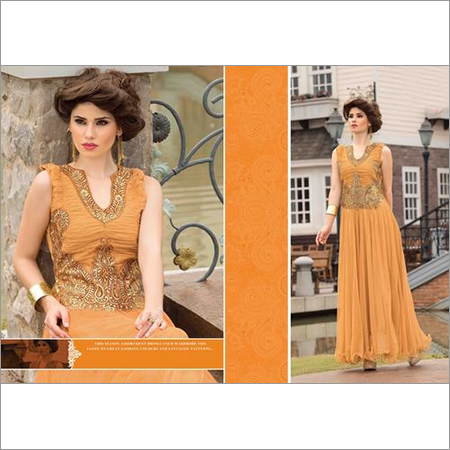 Turmeric Embroidered Net Wedding Gown - Soft Net, Turmeric Color, Semi Stitched | Elegant Design, Intricate Embroidery, Floor Length, V-Neck, Sleeveless