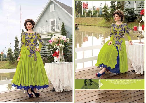 Parrot Green Embroidered Soft Net Wedding Gown