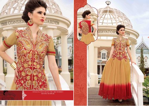 Beige Red Embroidered Soft Net Wedding Gown