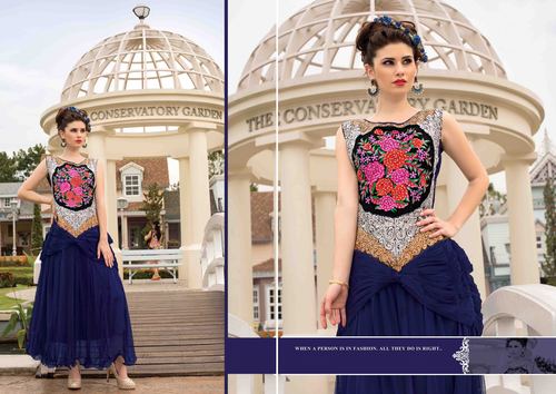 Navy Embroidered Soft Net Wedding Gown