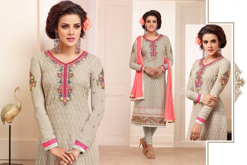 Alayana Semi Stitched Gray Georgette Suit - Santoon Bottom, Chiffon Dupatta, Fancy Embroidery, Full Sleeve Straight Style