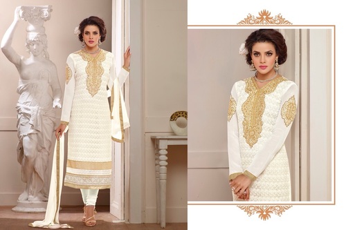 Alayna Semi Stitched White Embroidered Georgette Suit