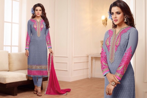 Alayna Semi Stitched  Blue Embroidered Georgette Suit