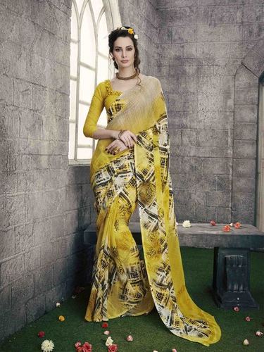Low Range Yellow Georgette Printed Saree