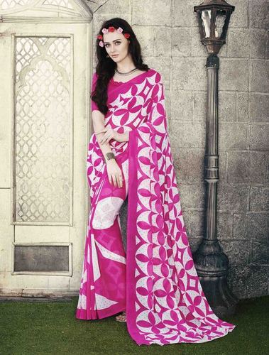 Low Range Pinky White Dotted Georgette Printed Saree