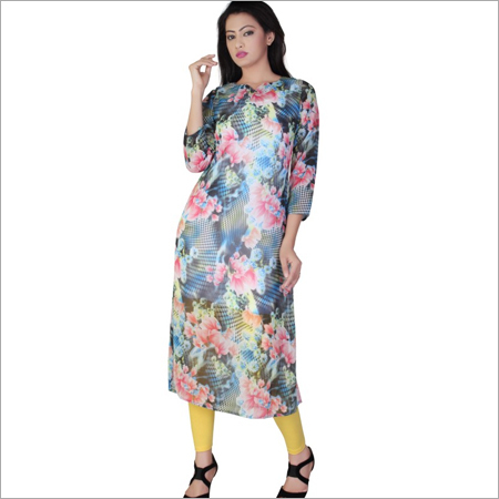 Long Designer Kurti in Flower Print - Chiffon, 45 Inches, Multi-Colored | Stylish Design, Floral Print, Comfortable Fit, Soft Fabric, Elegant Look, Versatile Style, Round Neck, Three-Quarter Sleeves