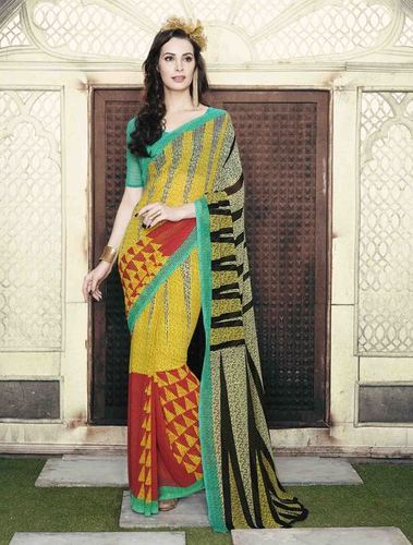Low Range Yellow Triangel Design Georgette Printed Saree