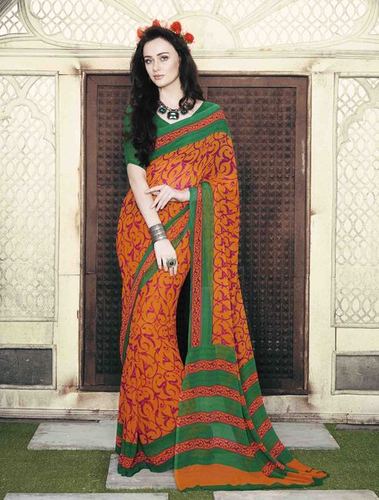Low Range Orange Green Georgette Printed Saree