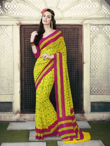Low Range yellow Pink Georgette Printed Saree