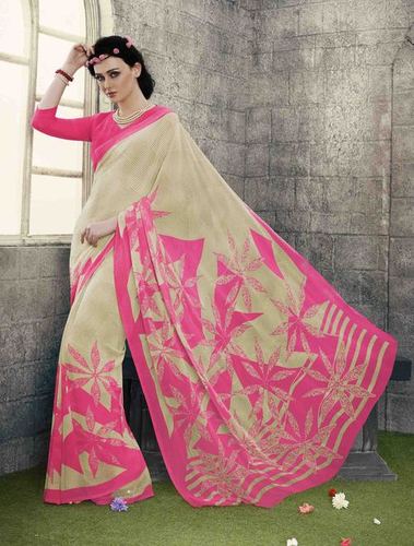 Low Range Cream Neon Pink Georgette Printed Saree