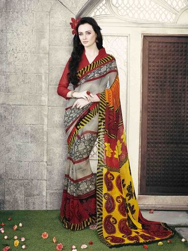 Low Range Multi Maroon Yellow Georgette Printed Saree - Georgette Fabric, 5.5 Meters, Attached Fancy Blouse | Lightweight, Stylish Print, Comfortable Wear