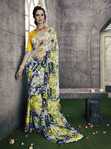 Low Range Multi Color Yellow Georgette Printed Saree - 5.5m Length Floral Print Lightweight Stylish Multicolor Design