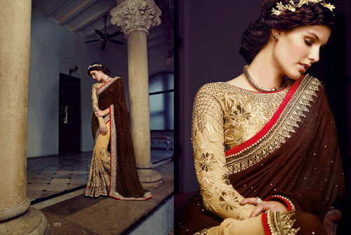 Stately Maroon & Cream Georgette Saree