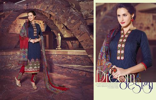 Excellent Navy Red Cotton Unstitch Salwar Kameez