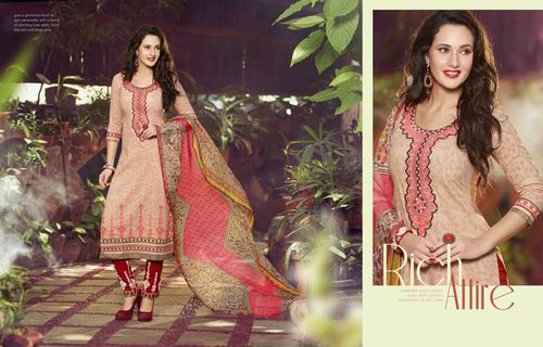 Excellent Peach Cotton Unstitch Salwar Kameez - Cotton, Peach, Maroon Patch Work Bottom, Chiffon Lace Dupatta, Embroidered Lace, Full Sleeves