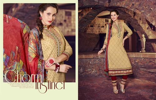 Excellent Beige Maroon Cotton Unstitch Salwar Kameez