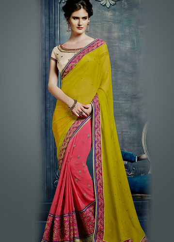 Superlative Baby Pink & Yellow Georgette Saree