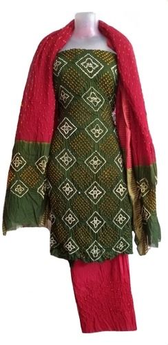 Green And Red Bandhani Satin Dress Material