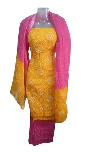 Pink And Yellow Satin Bandhani Cotton Suit