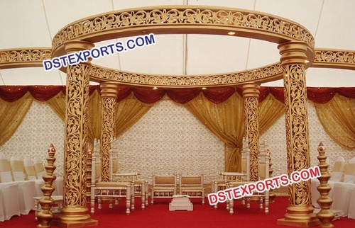 Wedding Gold Jali Mandap - Fiberglass, 8ft Pillars, Gold, LED Lighting | Easy Assembly, Weatherproof, Lightweight, Elegant Design