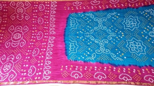 Pink And Blue Handmade Silk Bandhani Saree