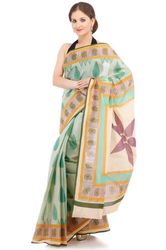 Beige Cotton Printed Saree